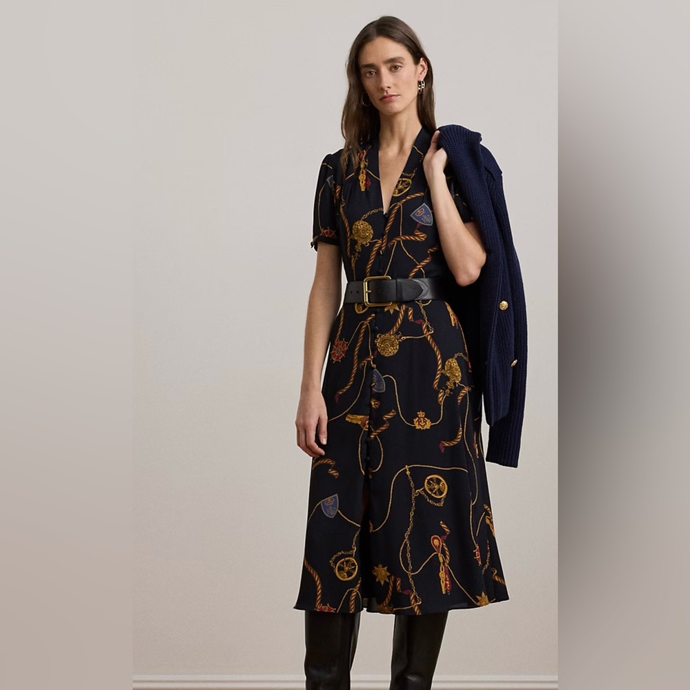 Lauren Ralph Lauren Black and Orange Puff Sleeve Midi Dress